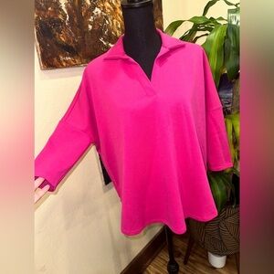 NWT CROWN & IVY HOT PINK  POLO V NECK SWEATSHIRT LONG SLEEVE SZ P SMALL